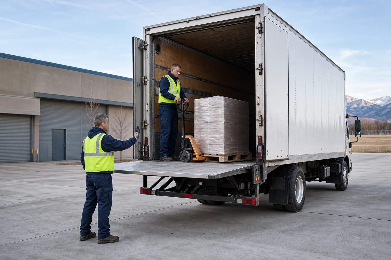 Two warehouse workers coordinating a pallet transfer at an unbranded box truck