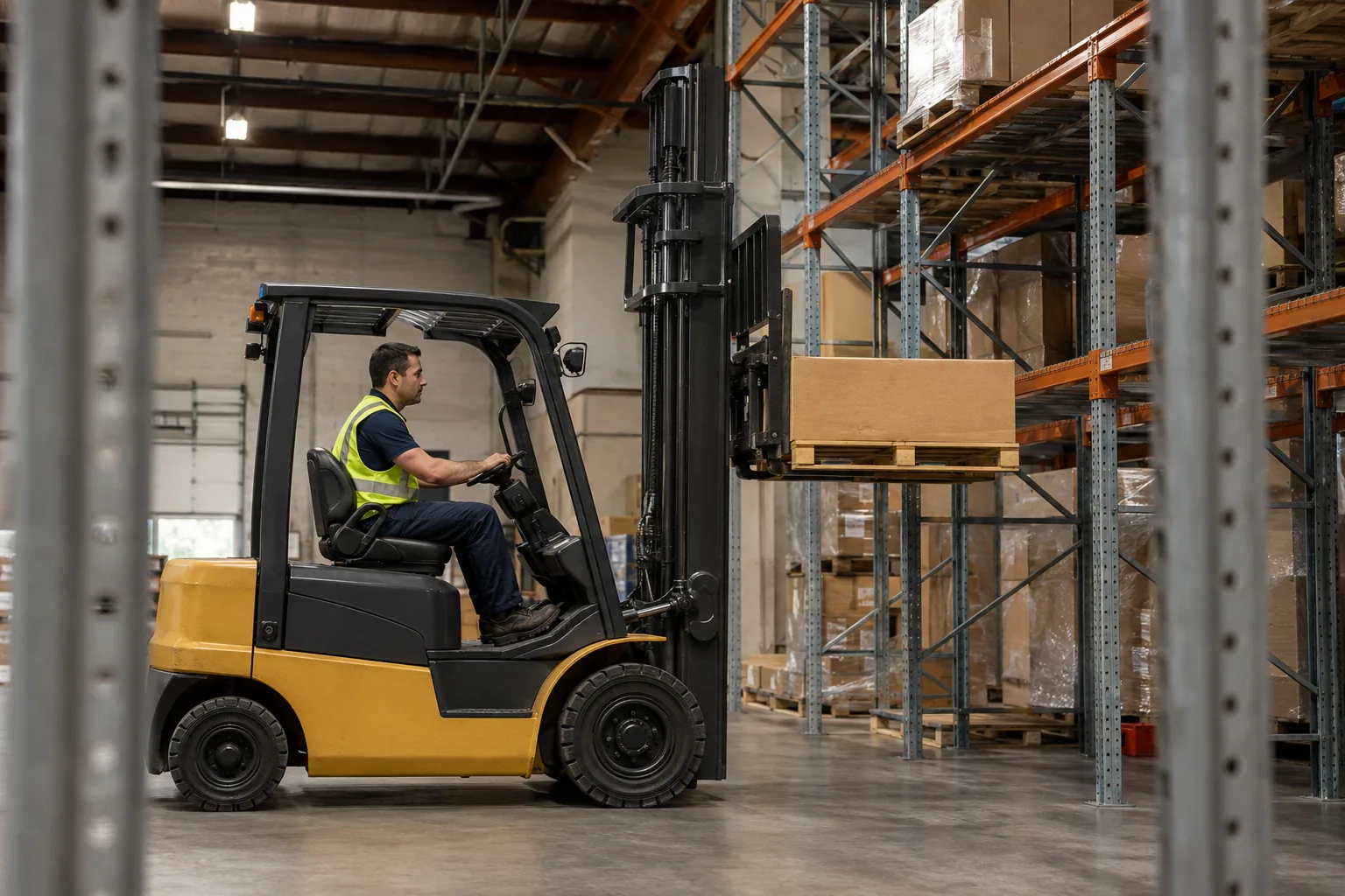 Forklift operator placing a plain pallet into a warehouse rack bay
