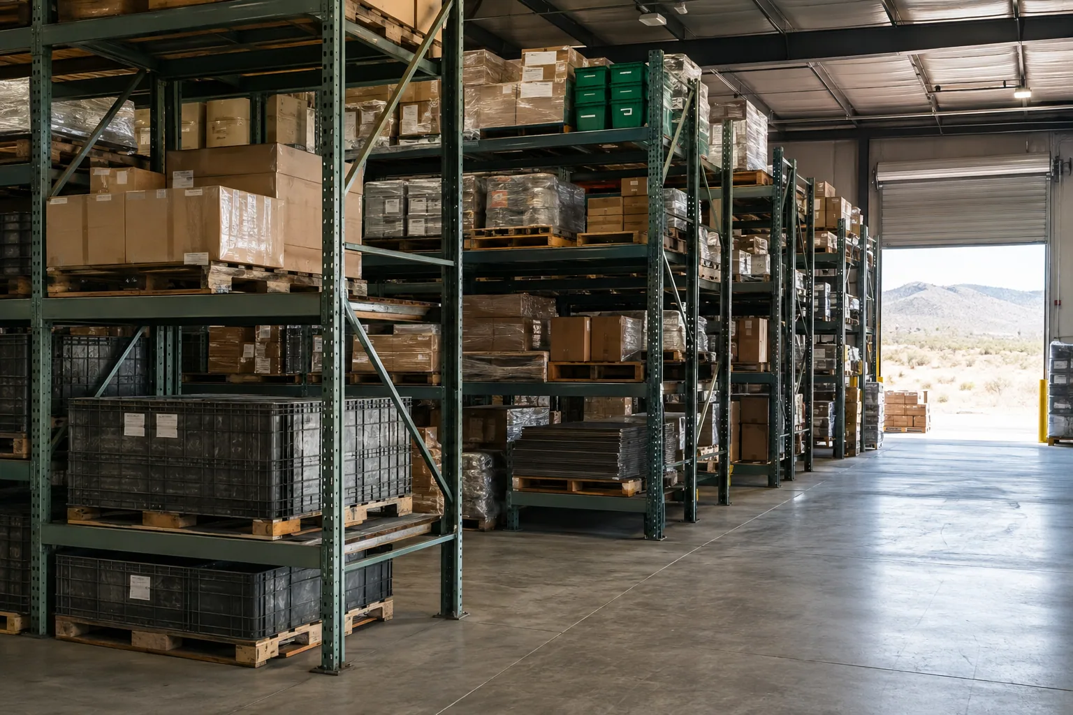 Cross-aisle view inside a practical warehouse with pallet racks